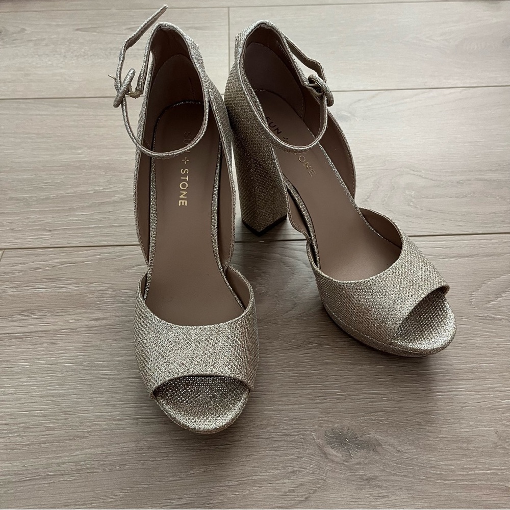 Sun + Stone Metallic Peep-Toe Heels